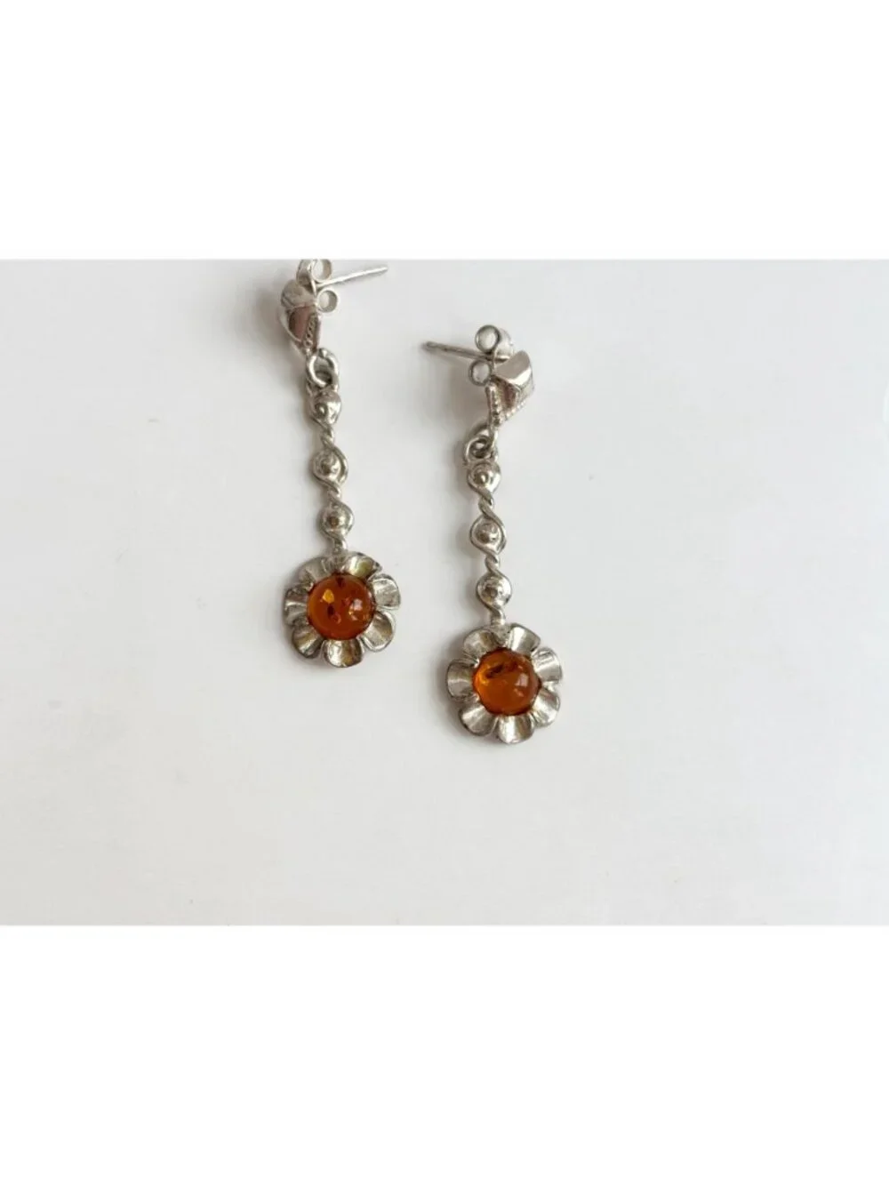 Baltic Amber Sunflower Shaped Spiral Vintage Sterling Silver 925 Dangle Earrings